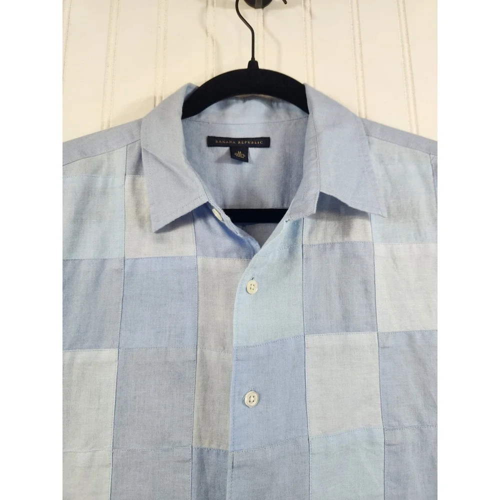 Banana Republic Men Blue Patchwork Linen Cotton Short Sleeve Button Down Shirt M